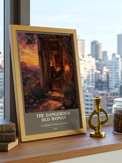 The Dangerous Old Woman book cover print framed by window – literary home decor