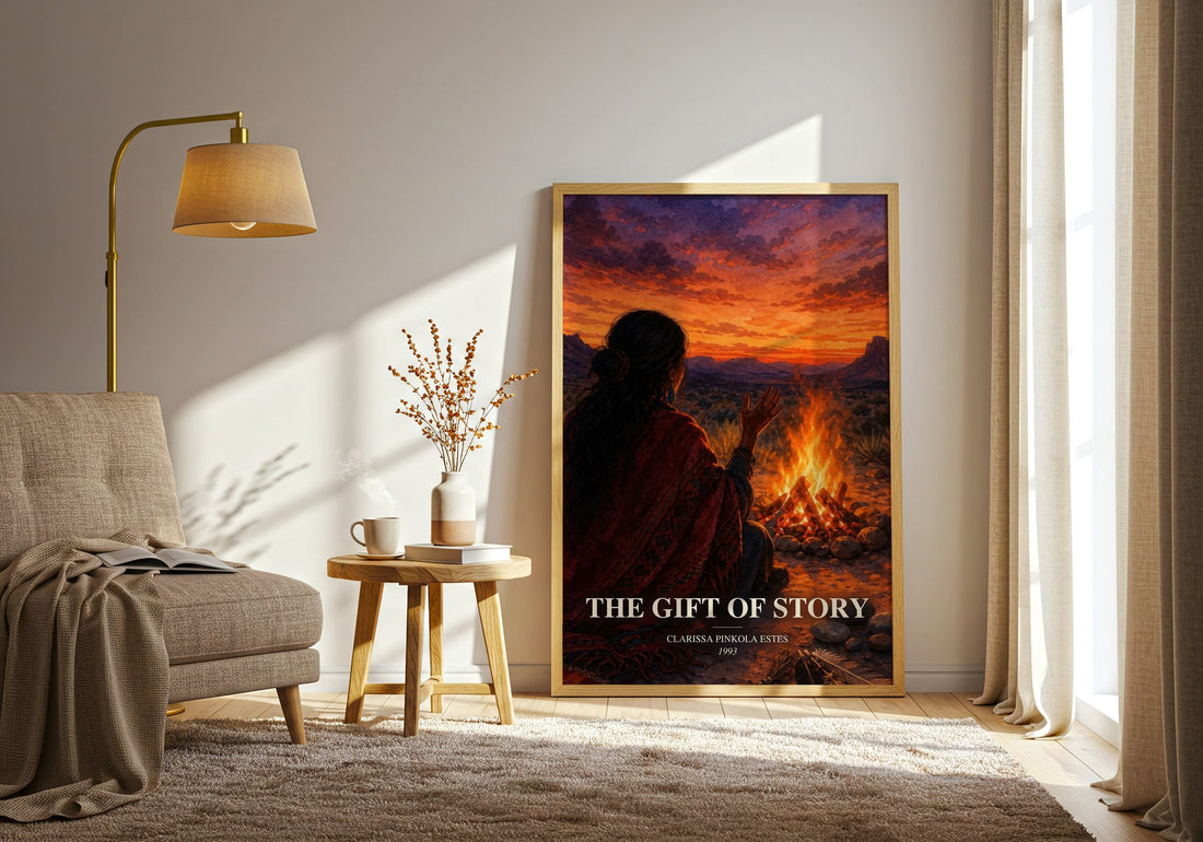 The gift of story watercolour print in frame leaning in hallway – non fiction wall art