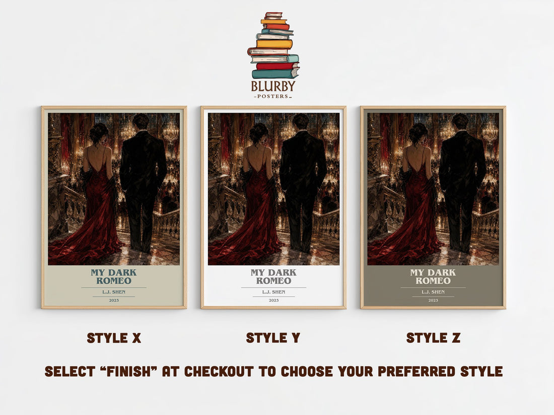 My Dark Romeo book cover print in frame leaning in hallway – romance wall art (mockup)