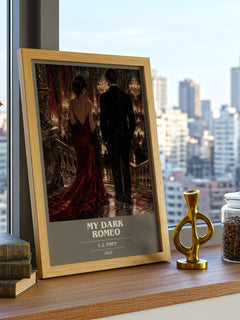 My Dark Romeo book cover print framed by window – literary home decor