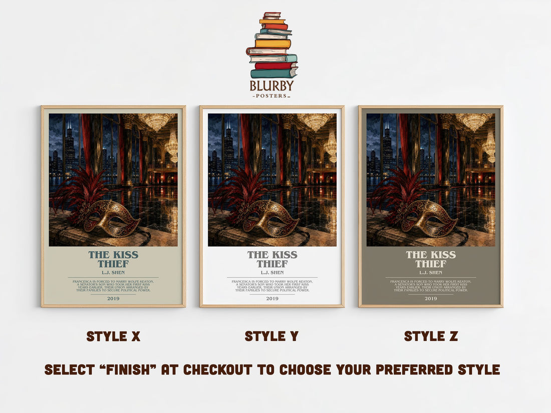 The Kiss Thief bookish print in frame leaning in hallway – romance wall art (mockup)