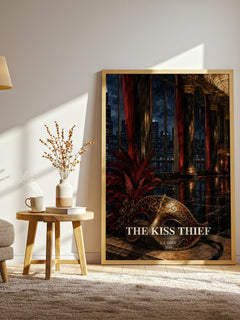 The Kiss Thief watercolour print in frame leaning in hallway – romance wall art