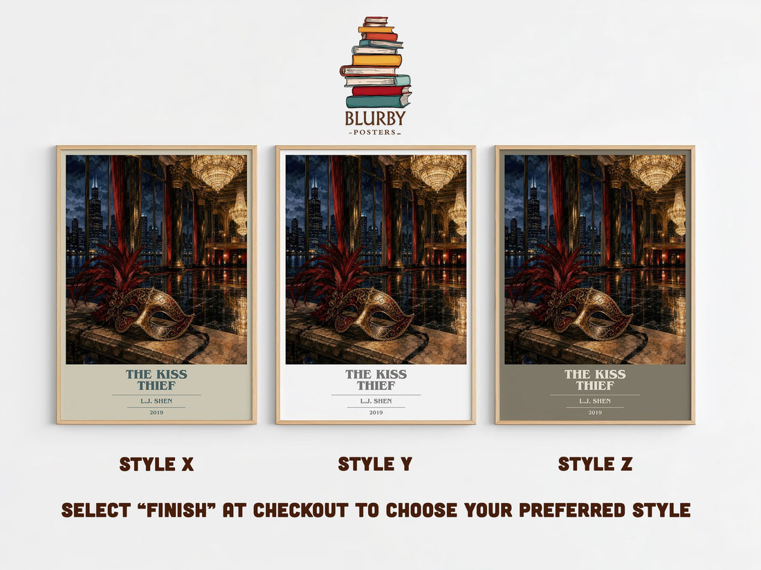 The Kiss Thief book cover print in frame leaning in hallway – romance wall art (mockup)