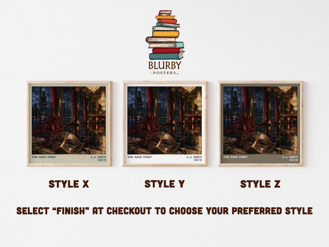 The Kiss Thief literary print in frame leaning in hallway – romance wall art (mockup)