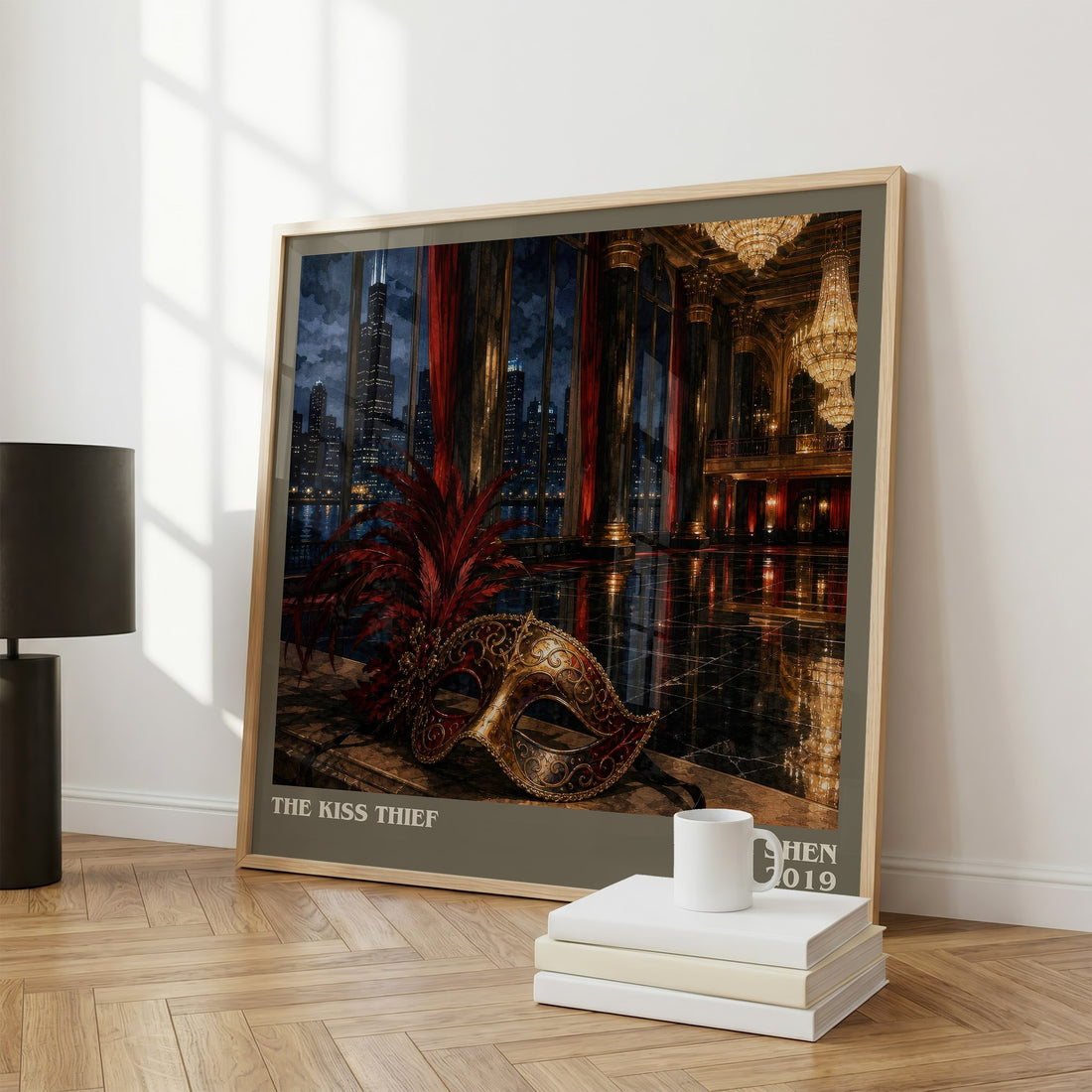 The Kiss Thief literary print framed by window – literary home decor