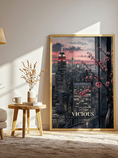 Vicious watercolour print in frame leaning in hallway – contemporary fiction wall art