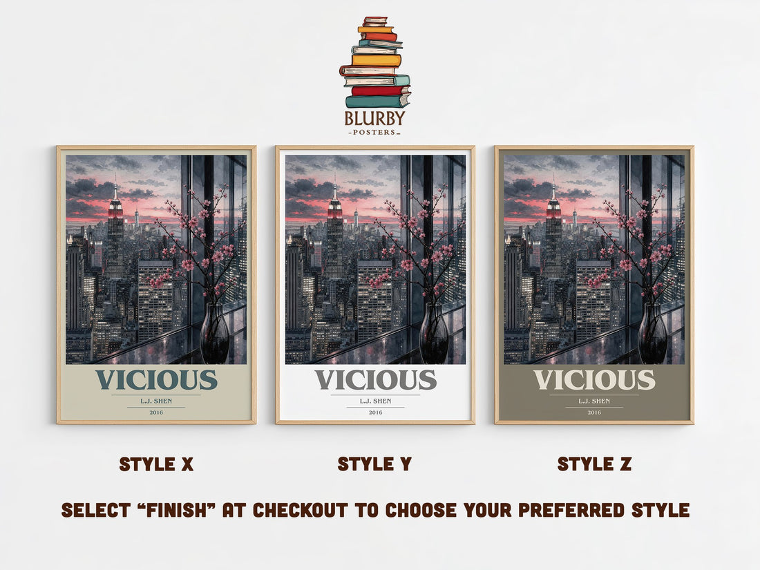 Vicious book cover print in frame leaning in hallway – contemporary fiction wall art (mockup)