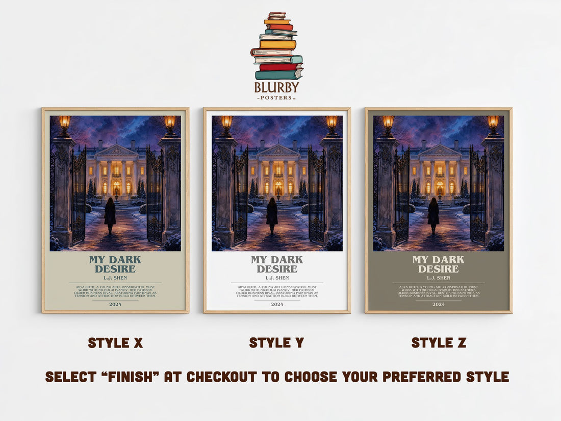 My Dark Desire bookish print in frame leaning in hallway – romance wall art (mockup)