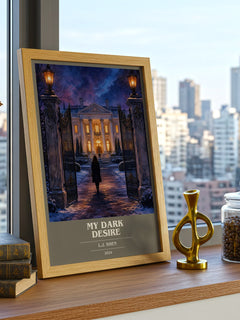 My Dark Desire book cover print framed by window – literary home decor