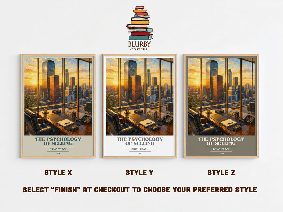The Psychology of Selling book cover print in frame leaning in hallway – non fiction wall art (mockup)