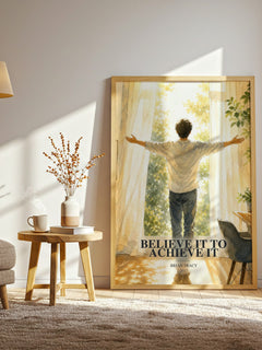 Believe It to Achieve It watercolour print in frame leaning in hallway – non fiction wall art