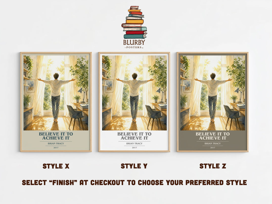Believe It to Achieve It book cover print in frame leaning in hallway – non fiction wall art (mockup)