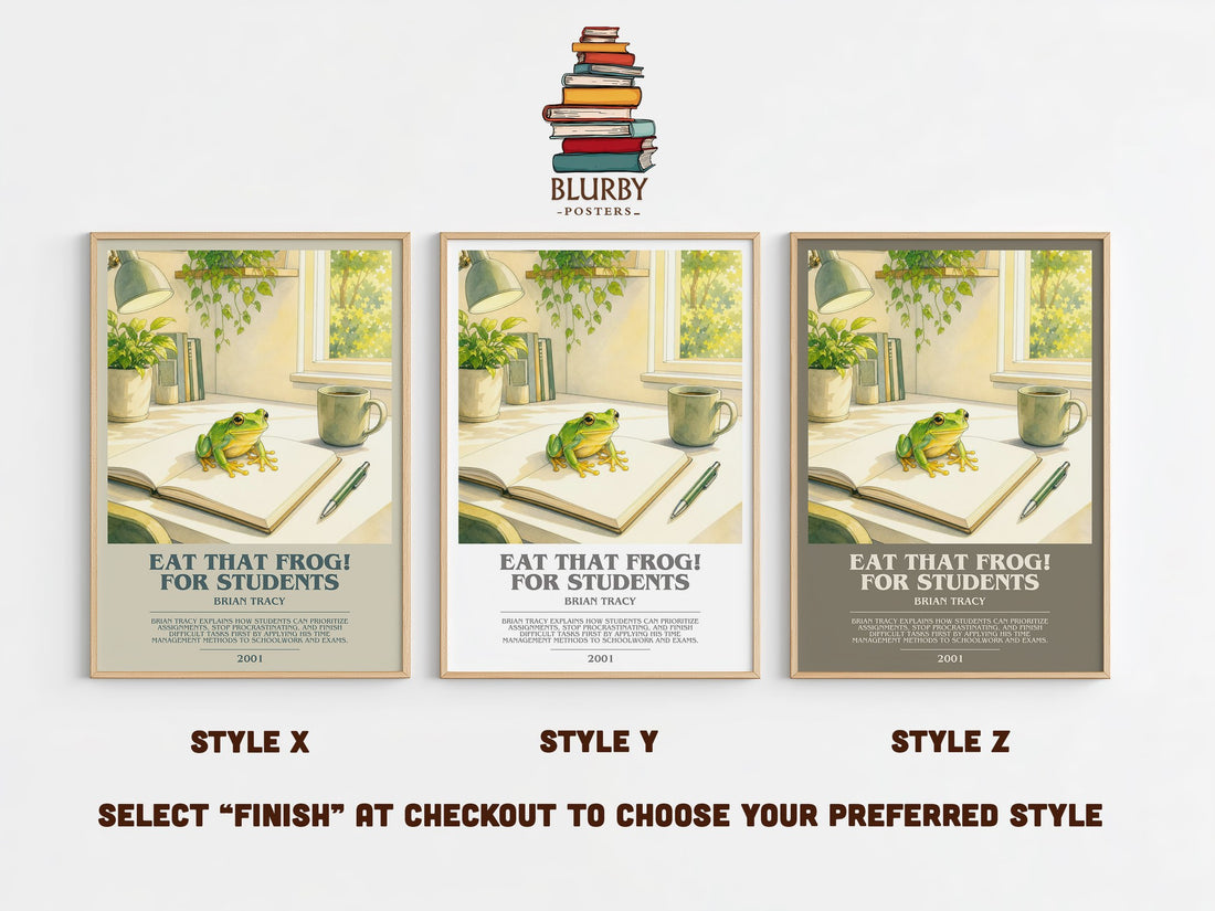 Eat That Frog! for Students bookish print in frame leaning in hallway – non fiction wall art (mockup)