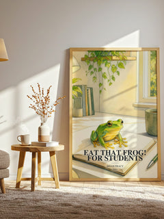 Eat That Frog! for Students watercolour print in frame leaning in hallway – non fiction wall art