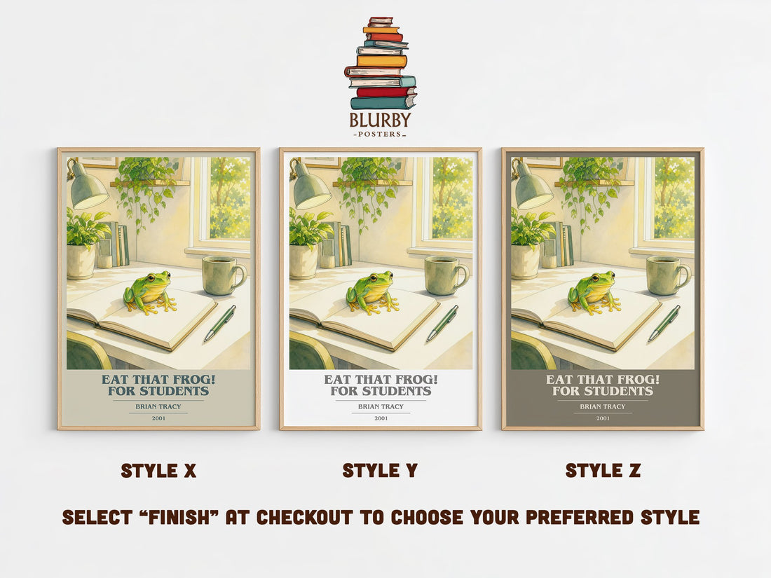 Eat That Frog! for Students book cover print in frame leaning in hallway – non fiction wall art (mockup)