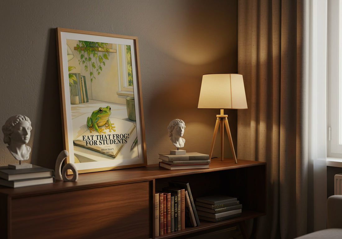 Eat That Frog! for Students watercolour print on bookshelf – Brian Tracy fan gift