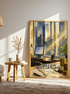 Million Dollar Habits watercolour print in frame leaning in hallway – non fiction wall art