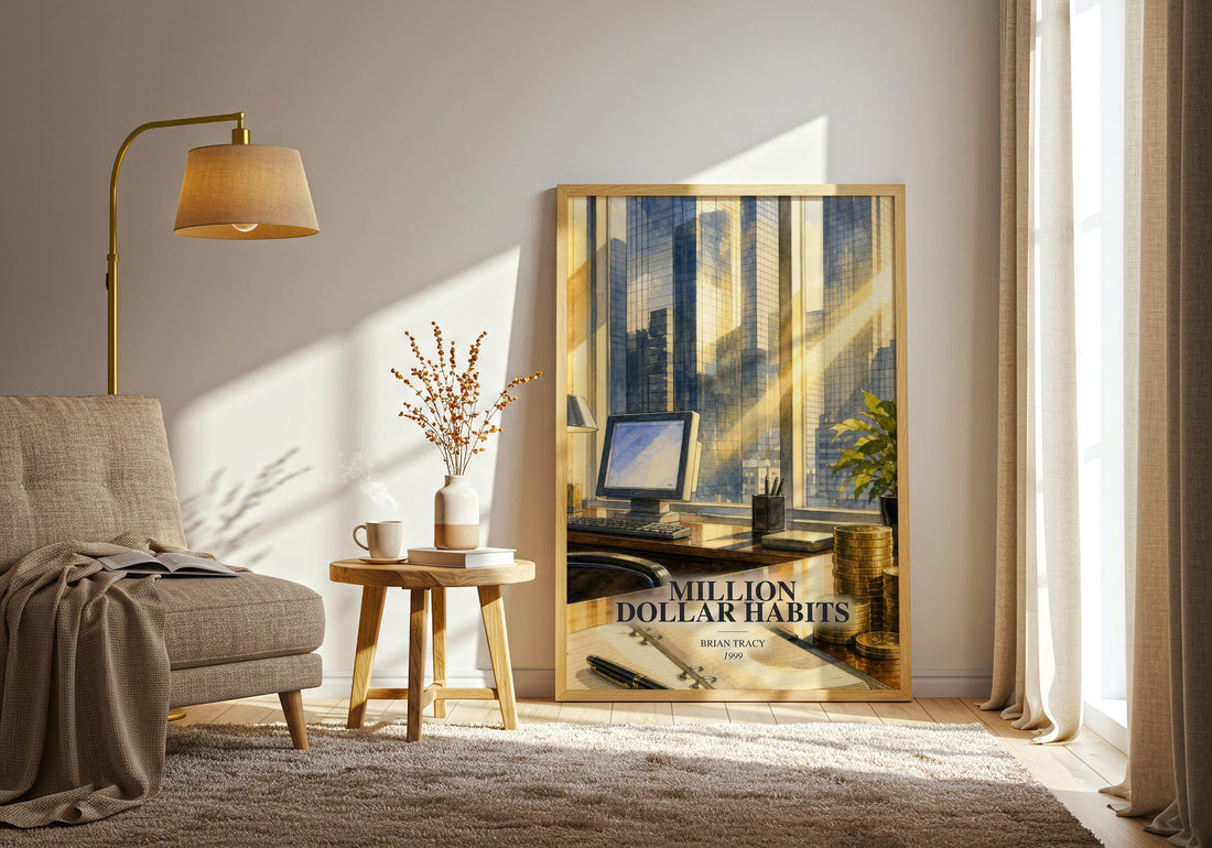 Million Dollar Habits watercolour print in frame leaning in hallway – non fiction wall art