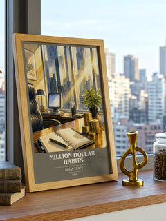 Million Dollar Habits book cover print framed by window – literary home decor