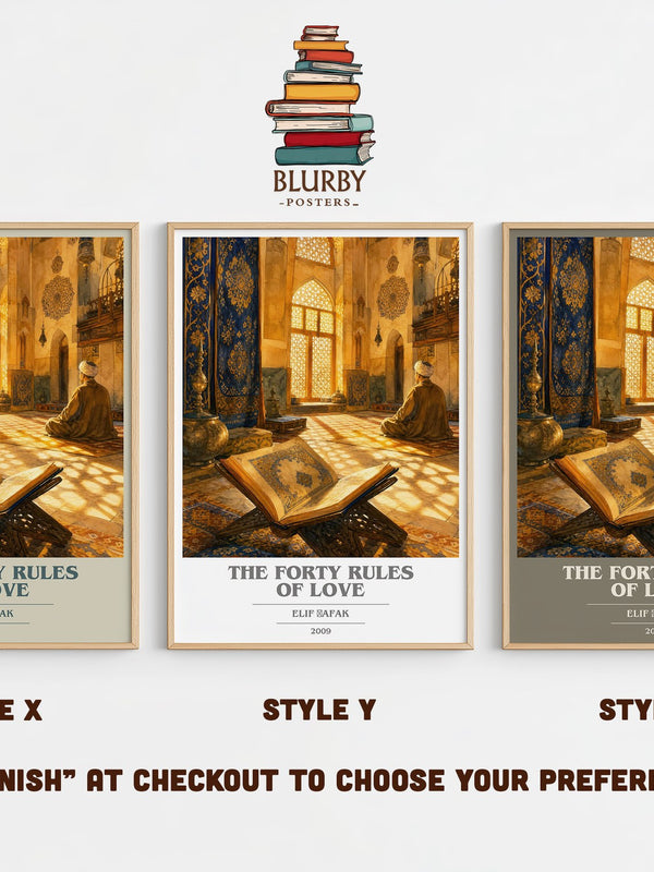 The Forty Rules of Love book cover print in frame leaning in hallway – contemporary fiction wall art