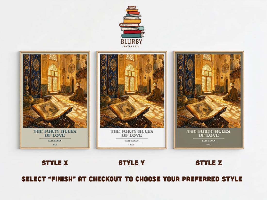 The Forty Rules of Love book cover print in frame leaning in hallway – contemporary fiction wall art (mockup)