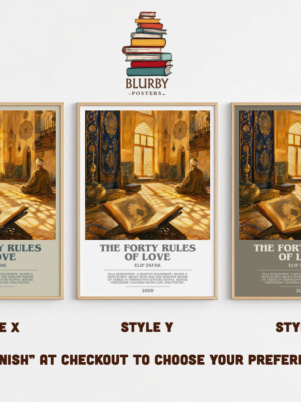 The Forty Rules of Love bookish print in frame leaning in hallway – contemporary fiction wall art