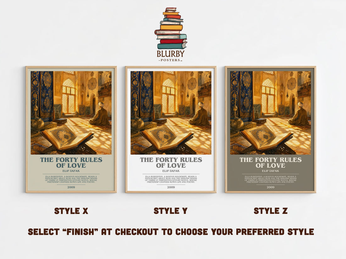 The Forty Rules of Love bookish print in frame leaning in hallway – contemporary fiction wall art (mockup)
