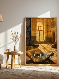 The Forty Rules of Love watercolour print in frame leaning in hallway – contemporary fiction wall art