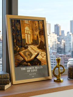 The Forty Rules of Love book cover print framed by window – literary home decor