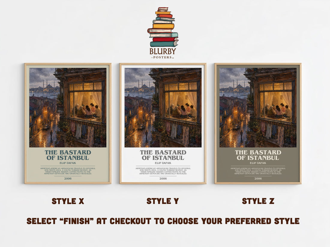 The Bastard of Istanbul bookish print in frame leaning in hallway – contemporary fiction wall art (mockup)