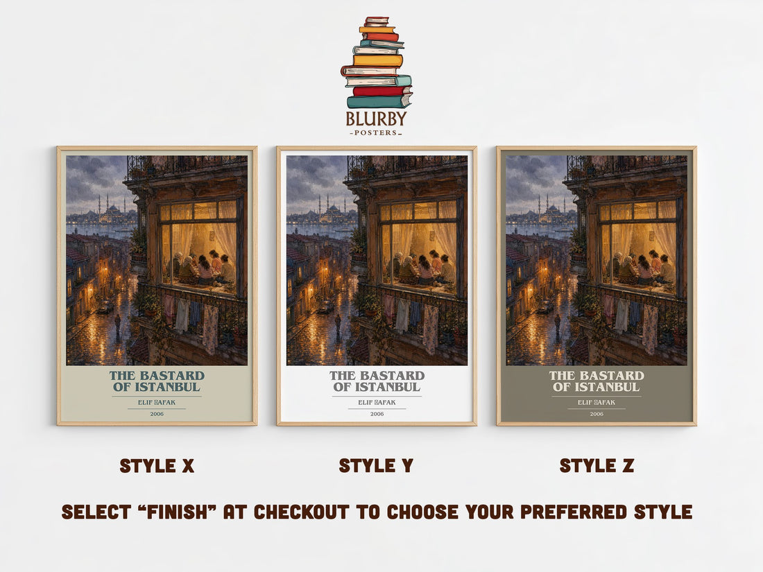 The Bastard of Istanbul book cover print in frame leaning in hallway – contemporary fiction wall art (mockup)