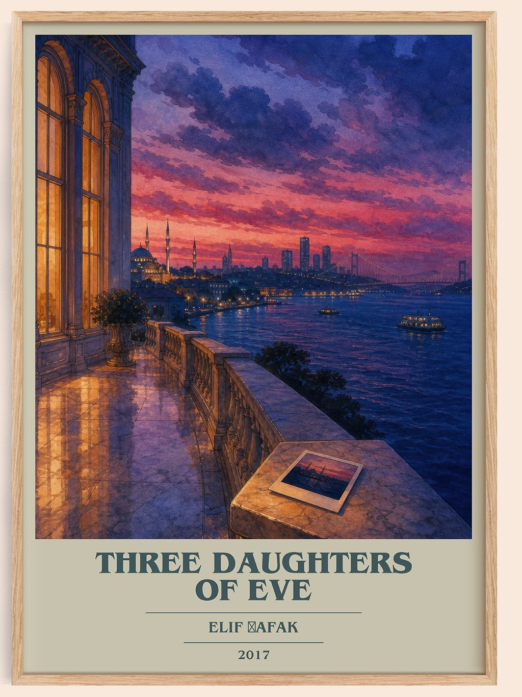 Three Daughters of Eve book cover book poster by Elif Şafak – framed literary art print