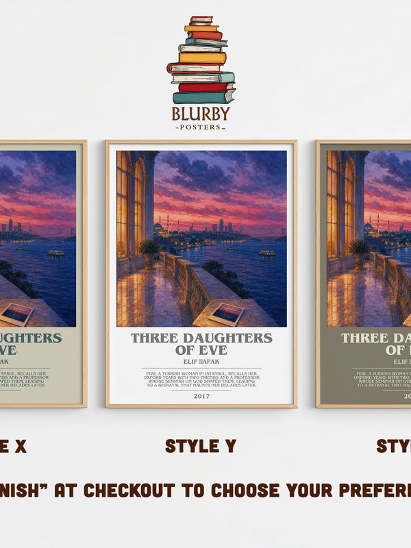 Three Daughters of Eve bookish print in frame leaning in hallway – contemporary fiction wall art