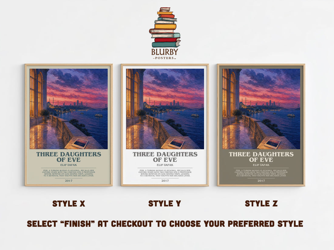 Three Daughters of Eve bookish print in frame leaning in hallway – contemporary fiction wall art (mockup)