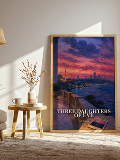 Three Daughters of Eve watercolour print in frame leaning in hallway – contemporary fiction wall art