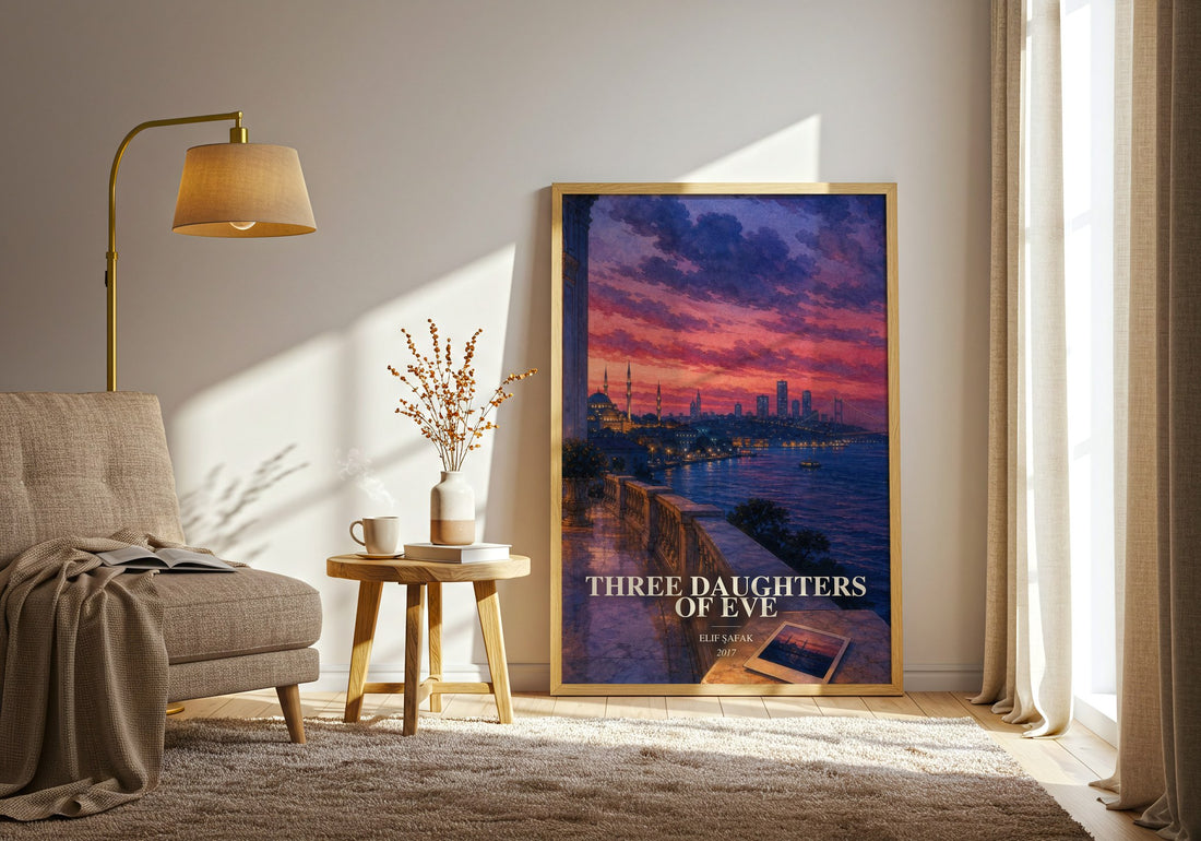 Three Daughters of Eve watercolour print in frame leaning in hallway – contemporary fiction wall art
