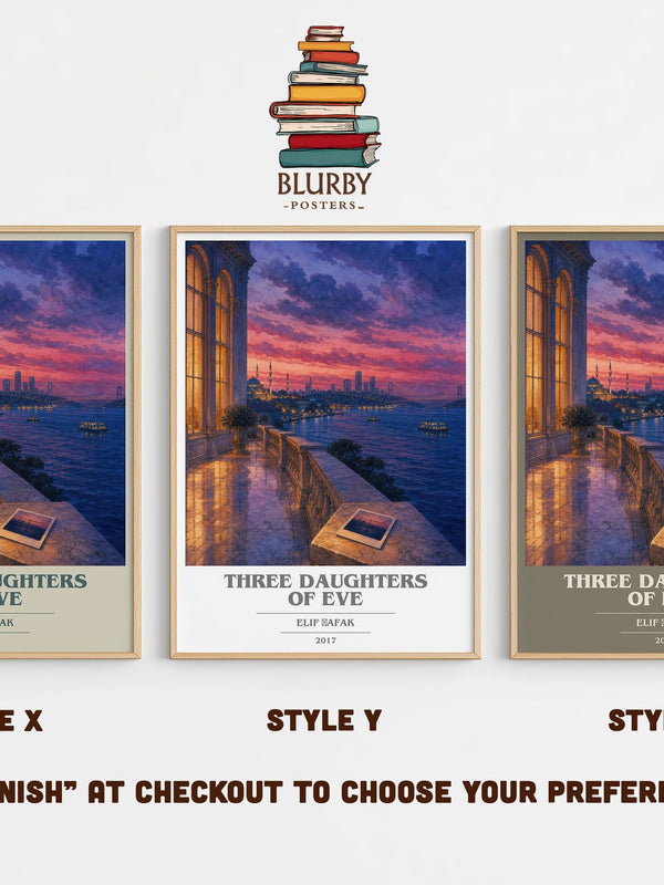 Three Daughters of Eve book cover print in frame leaning in hallway – contemporary fiction wall art