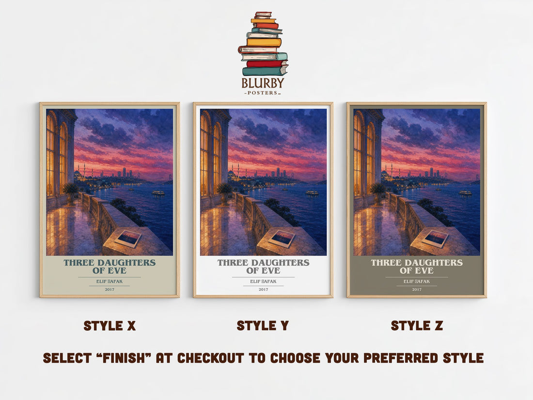 Three Daughters of Eve book cover print in frame leaning in hallway – contemporary fiction wall art (mockup)