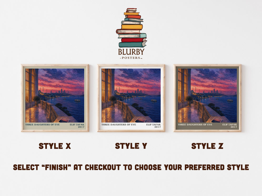 Three Daughters of Eve literary print in frame leaning in hallway – contemporary fiction wall art (mockup)