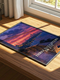 Three Daughters of Eve watercolour book poster framed on wall – contemporary fiction wall art