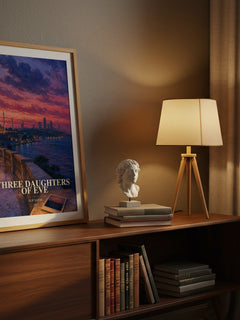 Three Daughters of Eve watercolour print on bookshelf – Elif Şafak fan gift