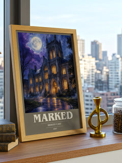 Marked book cover print framed by window – literary home decor