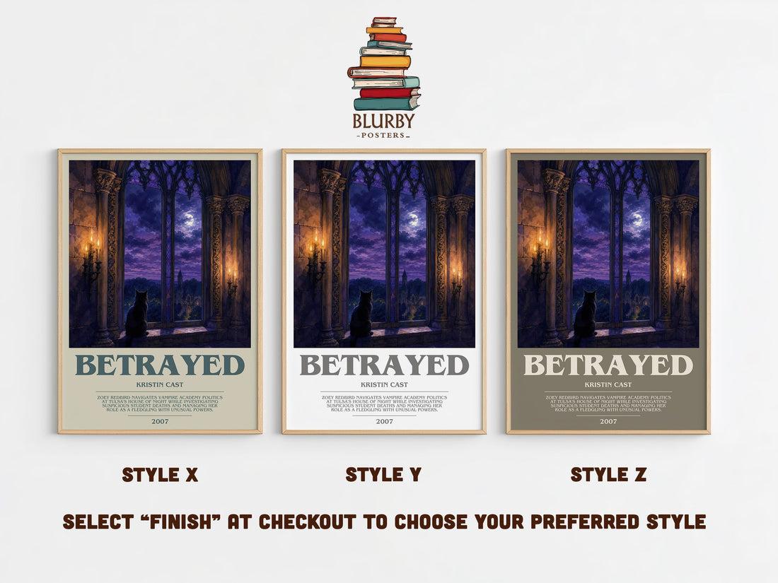 Betrayed bookish print in frame leaning in hallway – young adult wall art (mockup)