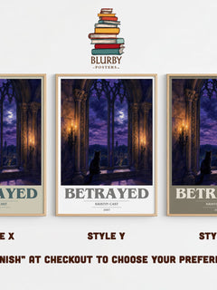 Betrayed book cover print in frame leaning in hallway – young adult wall art