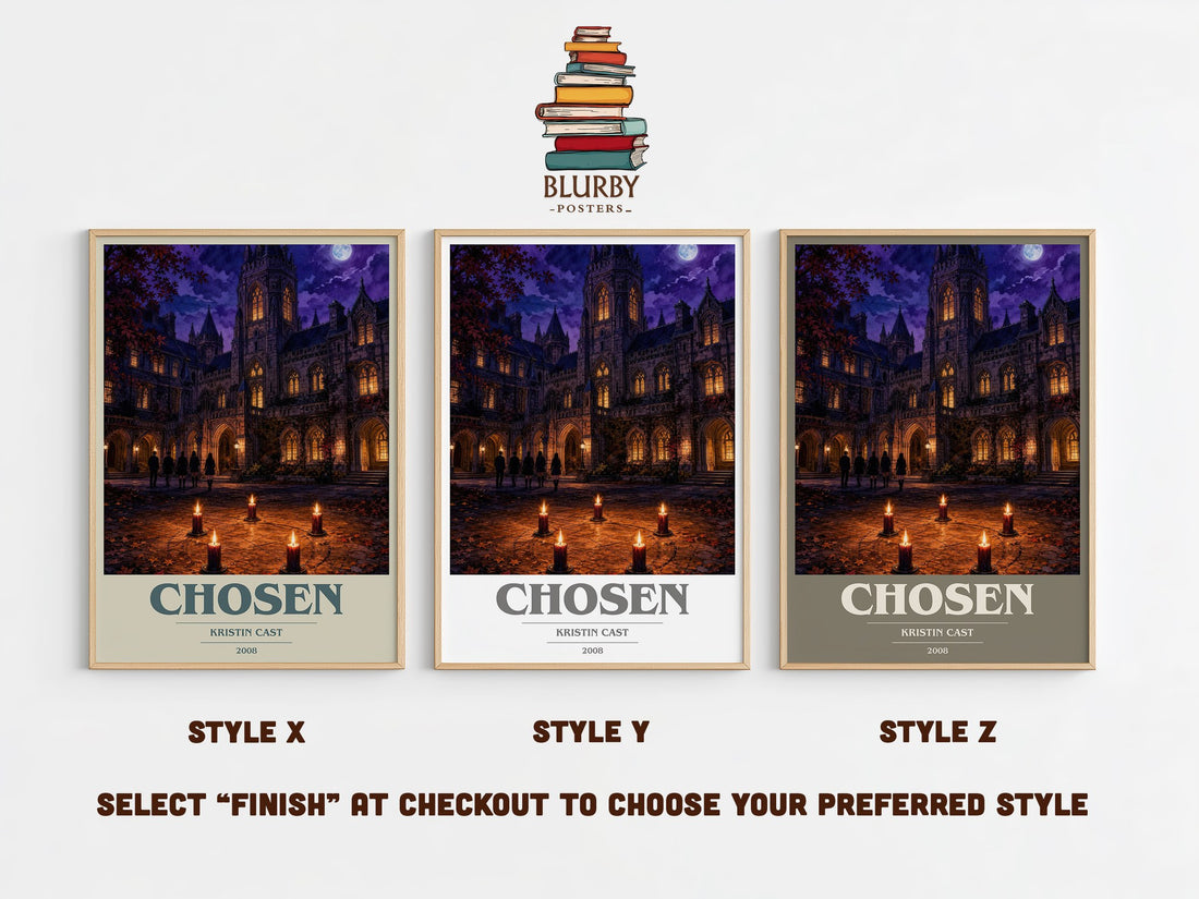 Chosen book cover print in frame leaning in hallway – young adult wall art (mockup)