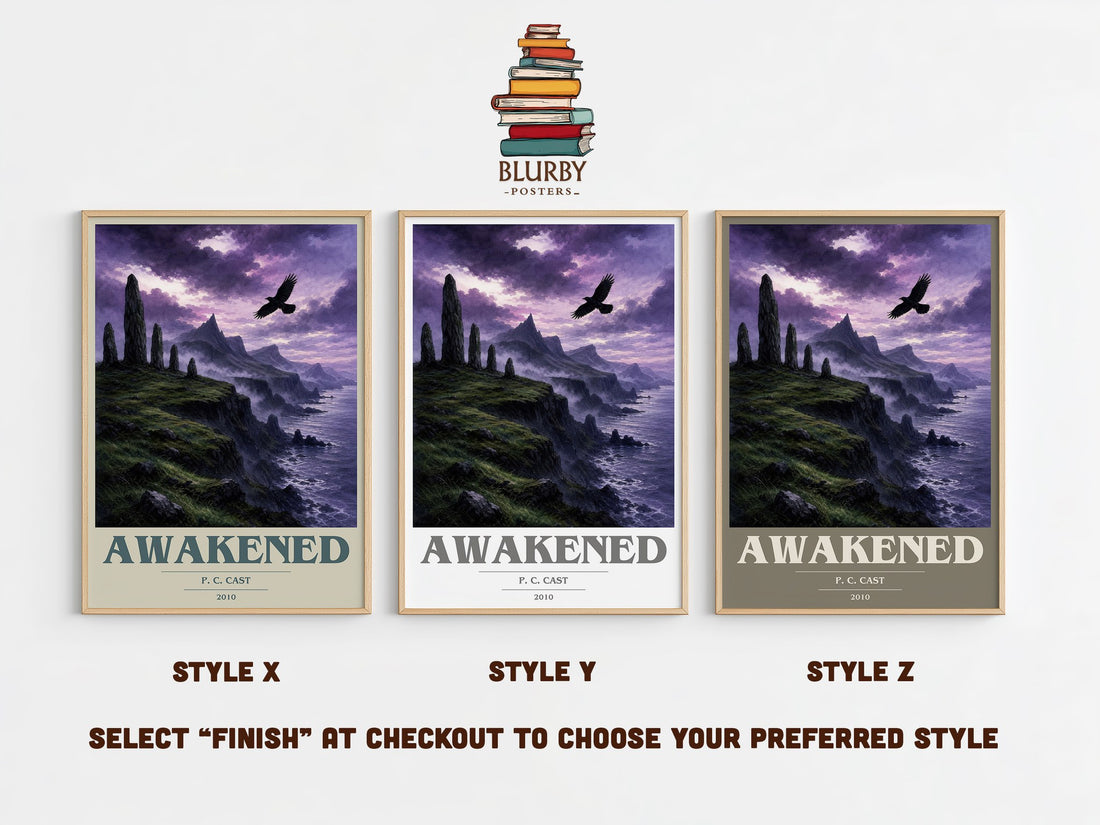 Awakened book cover print in frame leaning in hallway – young adult wall art (mockup)