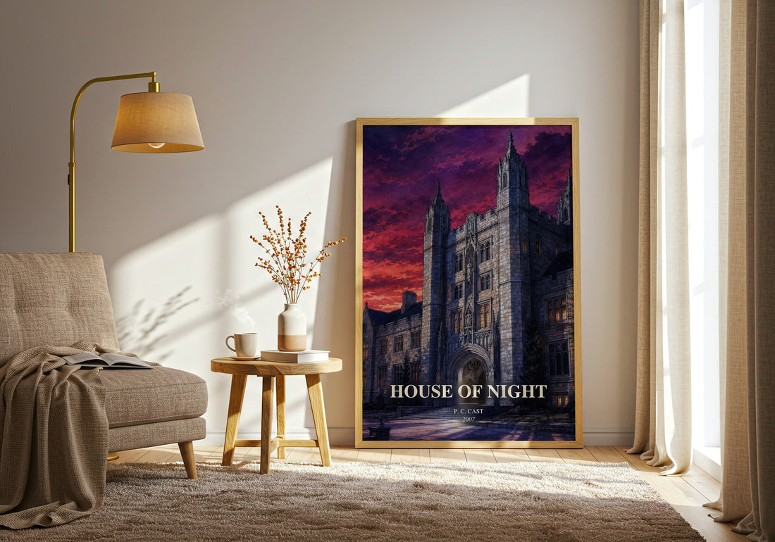 House of Night watercolour print in frame leaning in hallway – fantasy wall art