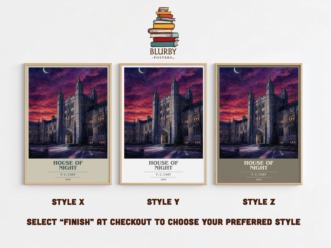 House of Night book cover print in frame leaning in hallway – fantasy wall art (mockup)