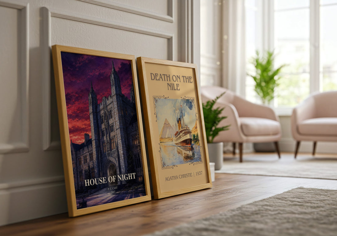 House of Night watercolour print framed by window – literary home decor