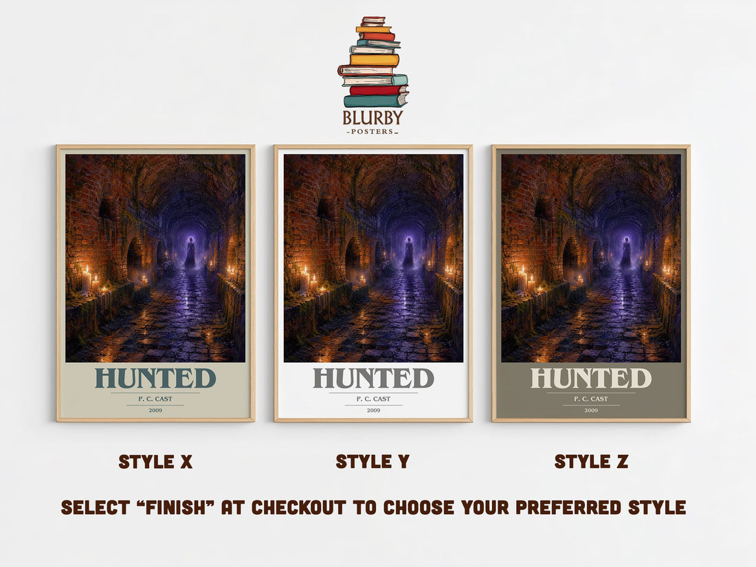 Hunted book cover print in frame leaning in hallway – young adult wall art (mockup)
